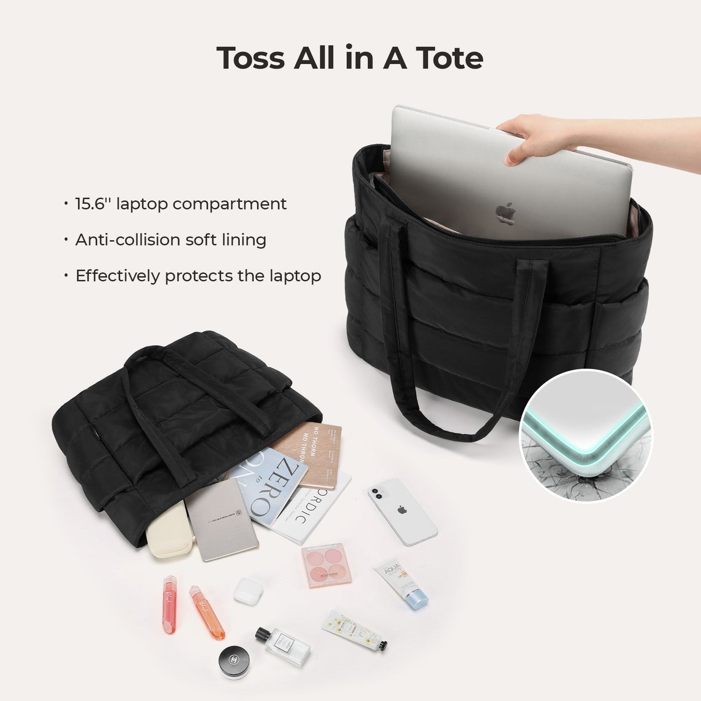 20L Puffy Tote Bag with 15.6" Laptop Compartment